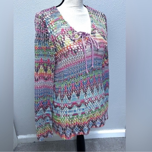 Laseine Open Knit Long Sleeve Cover-Up Top Colorful Vacation Resort Wear Beach - Picture 5 of 10